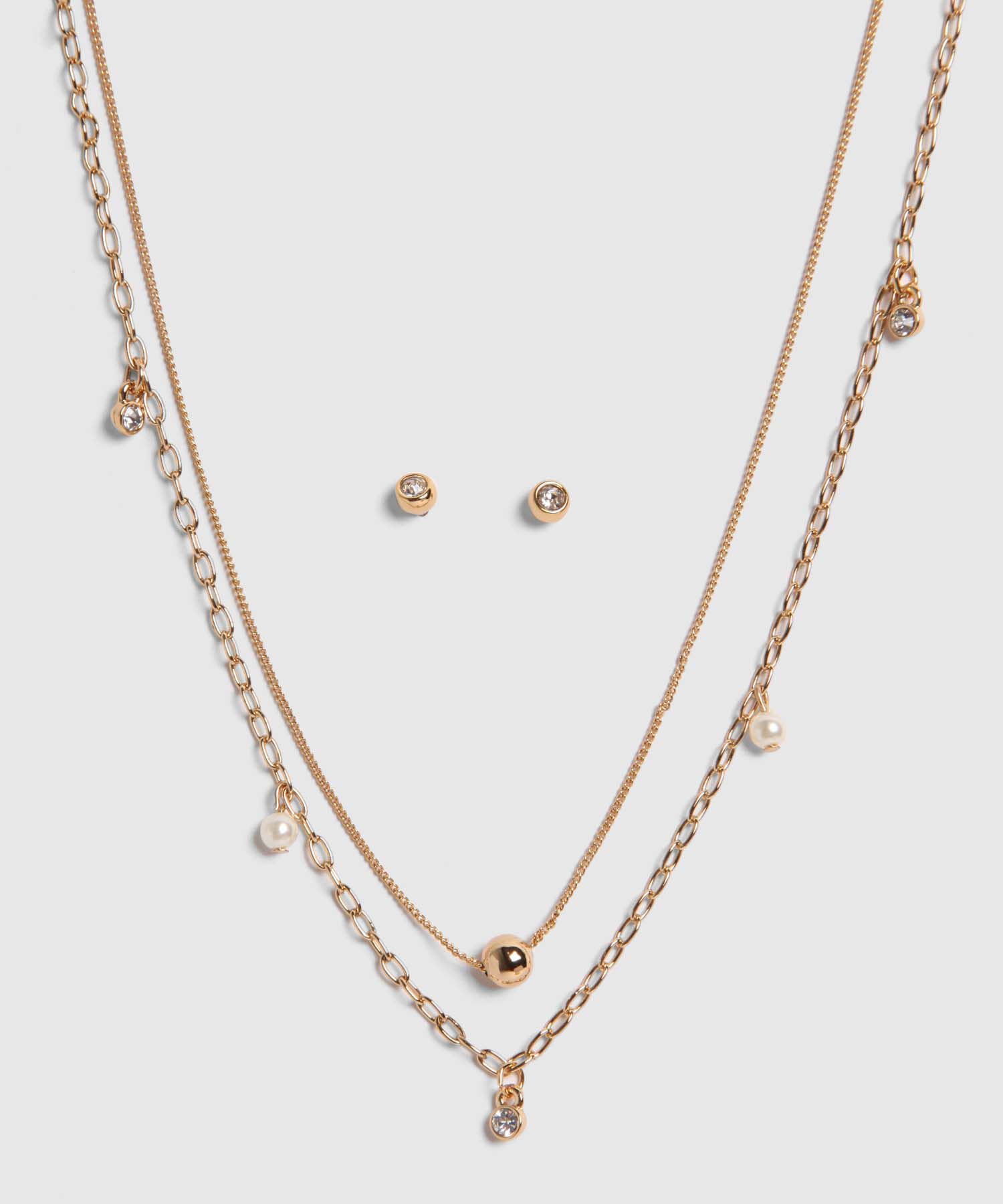 Set Dorado De Collar Doble Con Dijes Y Aretes