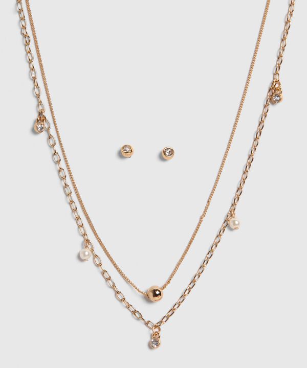 Set Dorado De Collar Doble Con Dijes Y Aretes image number null