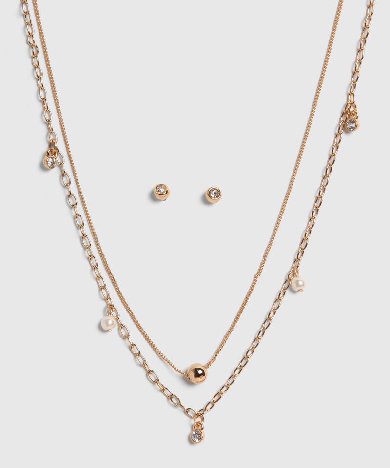 Set Dorado De Collar Doble Con Dijes Y Aretes