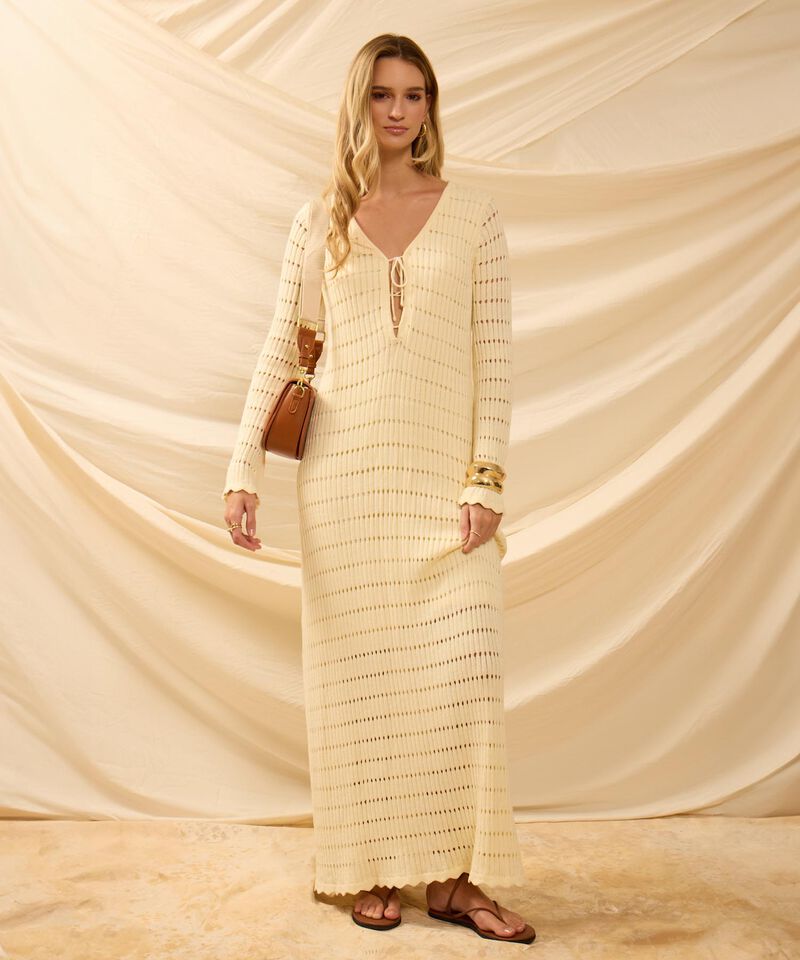 Vestido Largo Tejido Con Calados Para Mujer