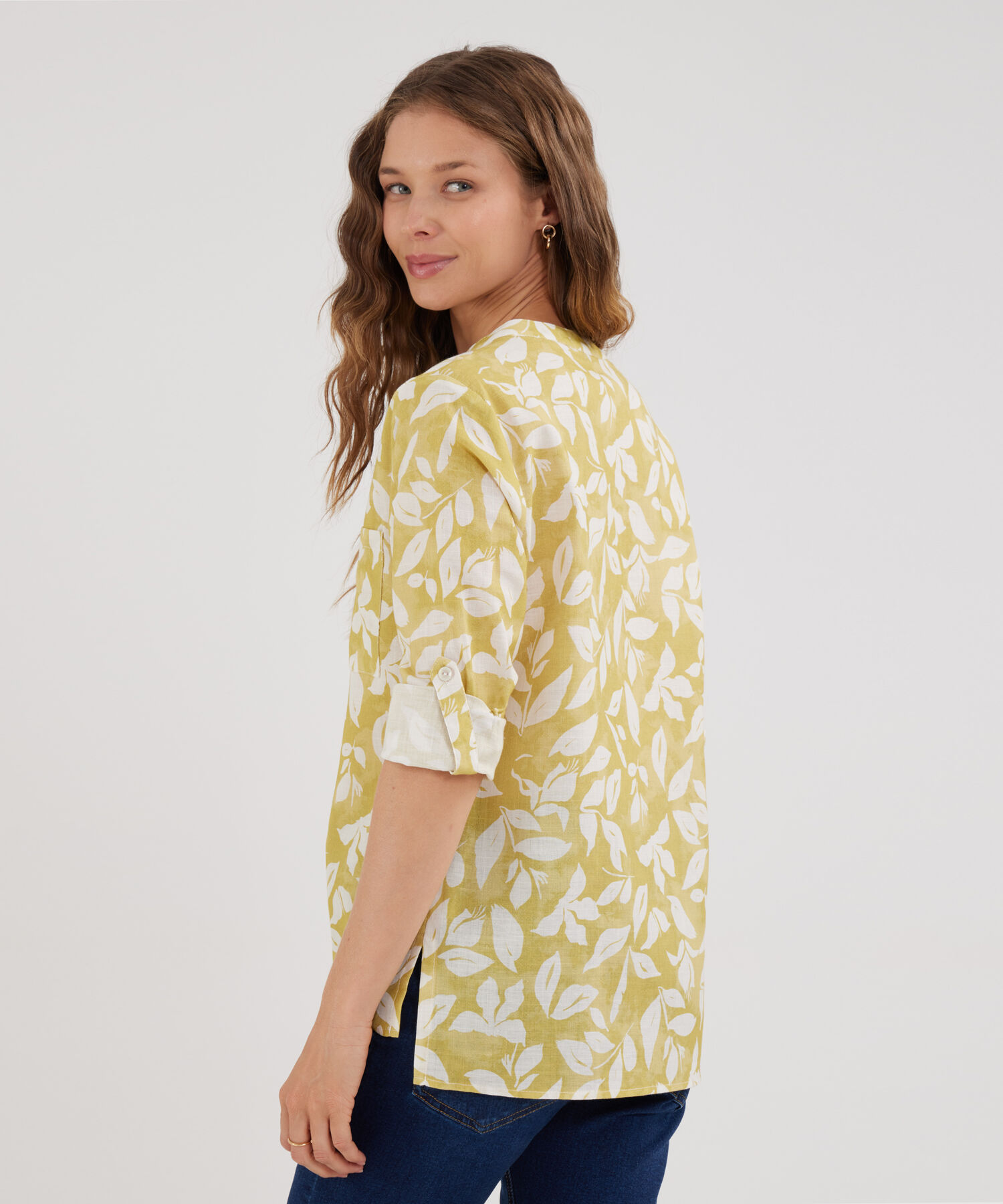 Blusa Manga Larga Estampada En Lino