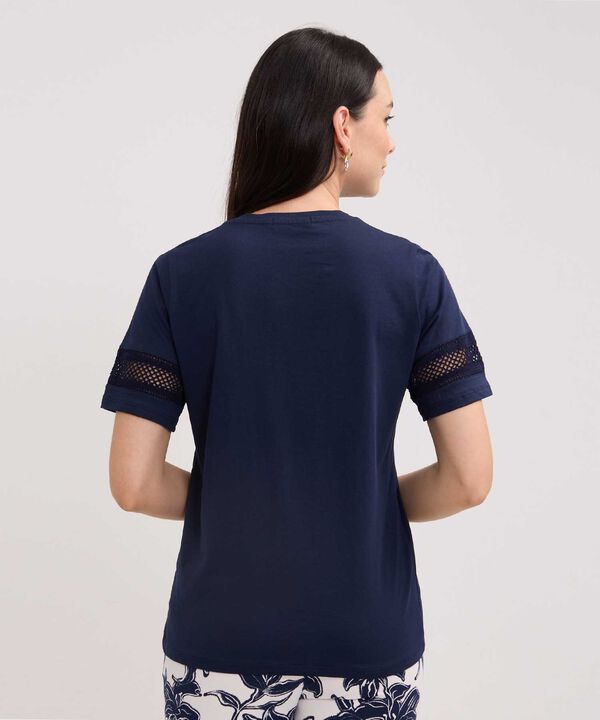 Camiseta Unicolor Cuello Redondo, Manga Corta Con Detalle Encaje