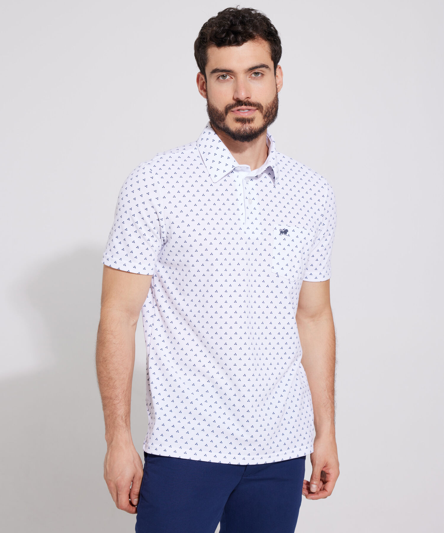 Polo Estampada, Cuello Maquina Duro Con Bolsillo, Silueta Regular Fit Blanco