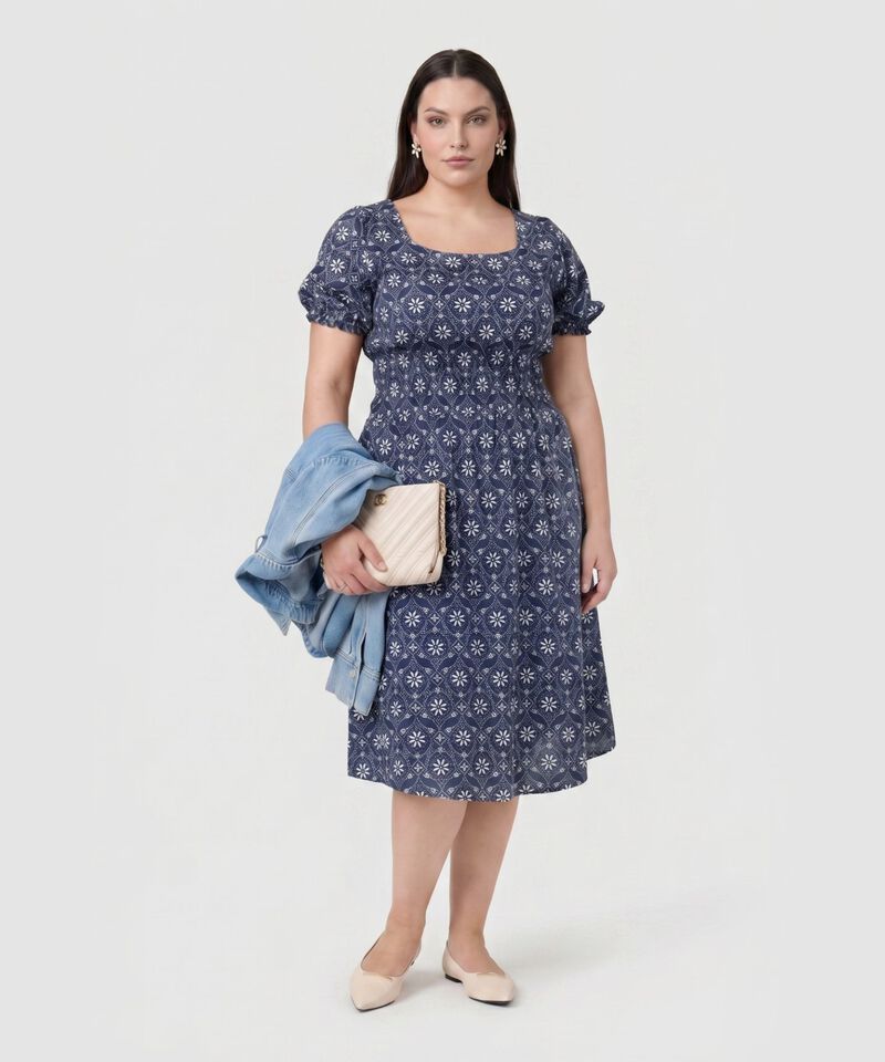 Vestido Estampado Con Mangas Abullonadas Para Mujer Curvy