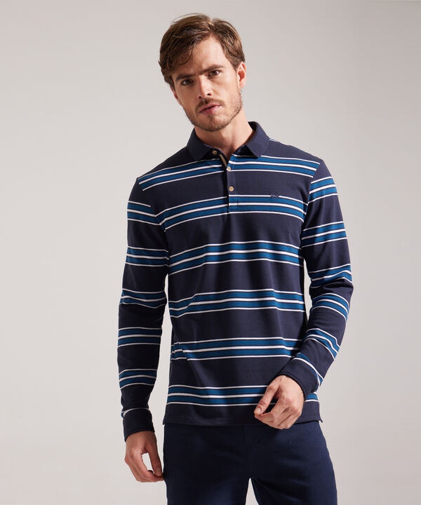 Polo Preteñida Cuello Tejido Manga Larga, Slim Fit.