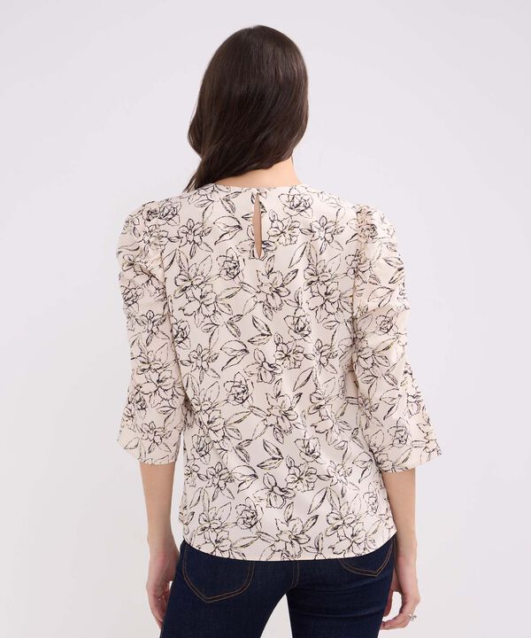 Blusa Estampada Escote Redondo, Manga 3/4 Con Recogido