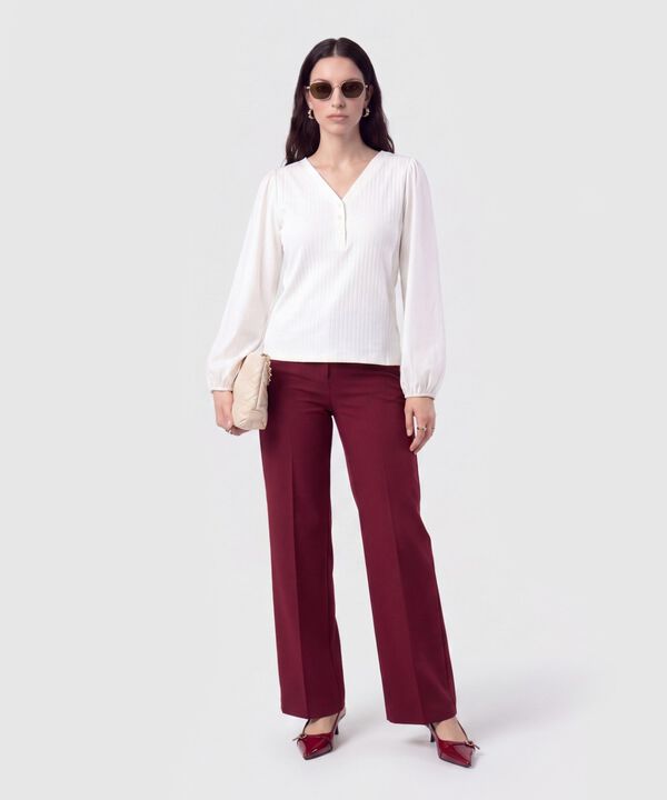 Camiseta Cuello En V Acanalada Para Mujer