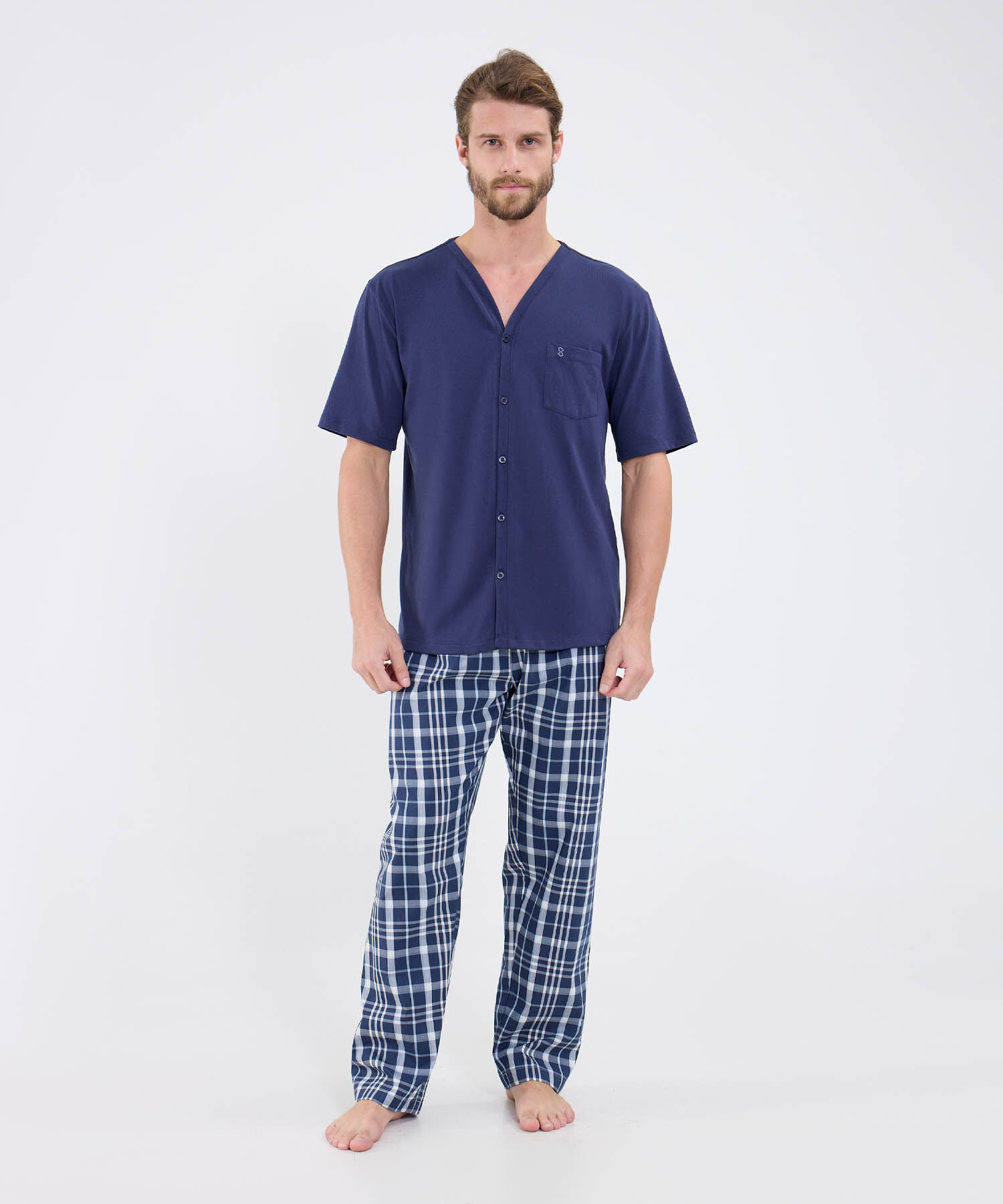 Conjunto Pijama Camiseta Cuello V Pantalon Preteñido Para Hombre