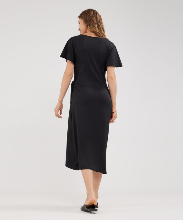 Vestido Unicolor Manga Corta, Escote En V