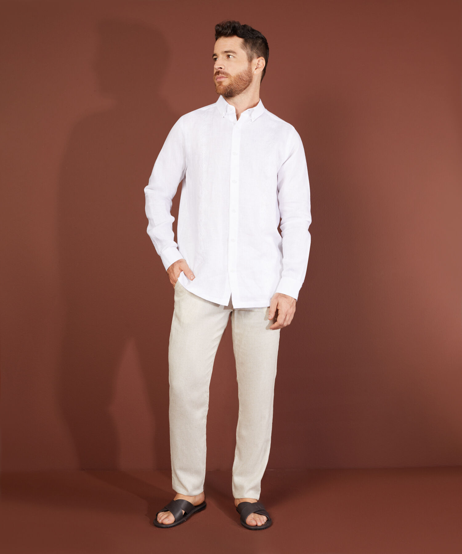 Camisa Guayabera Cuello Con Boton Down Manga Larga