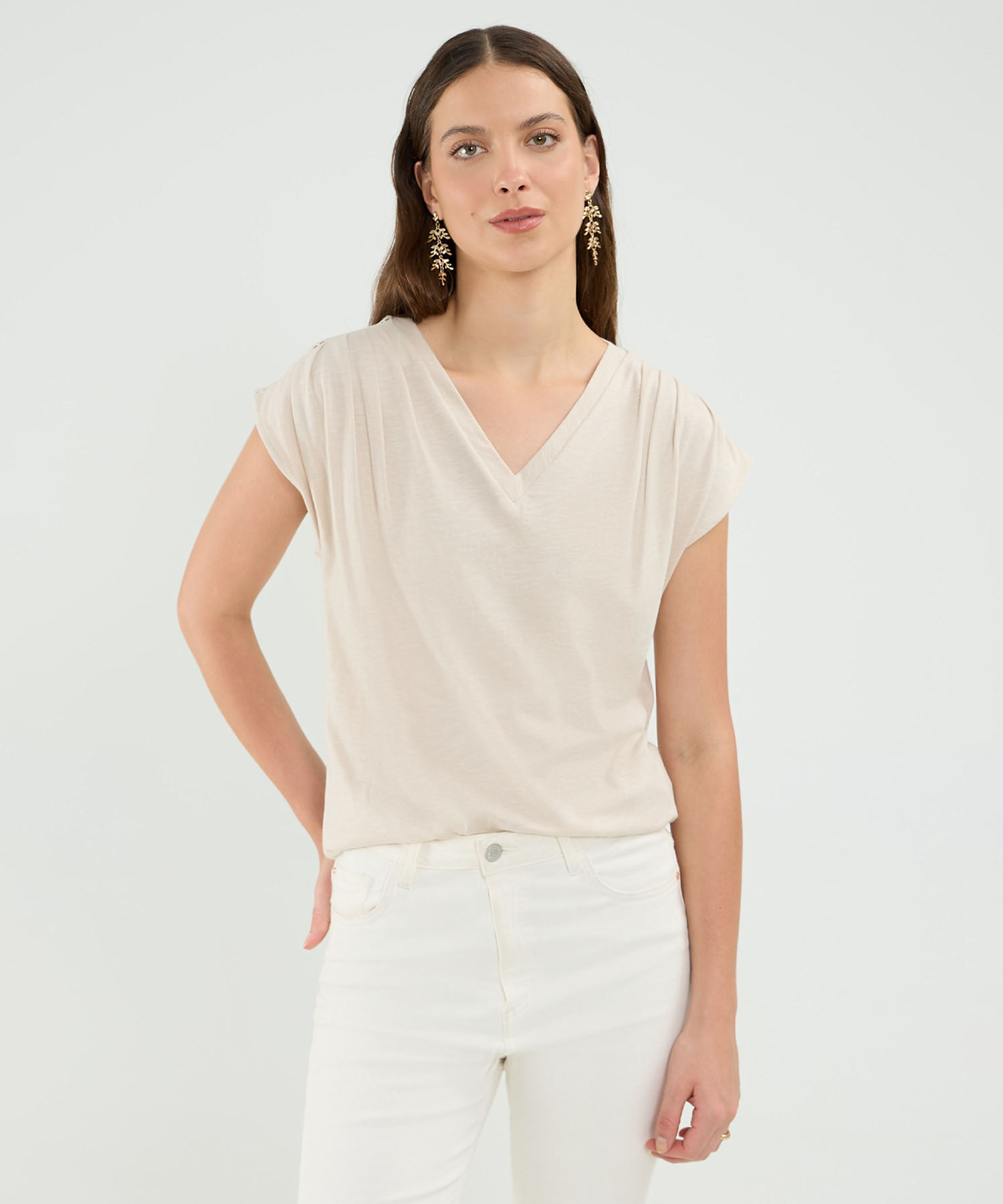 Camiseta Manga Corta, Cuello V Con Encaje En Hombro Para Mujer