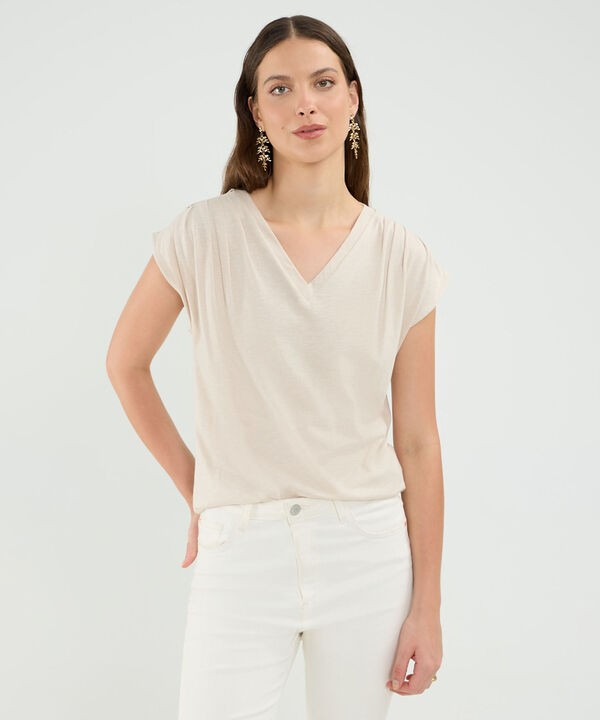 Camiseta Manga Corta, Cuello V Con Encaje En Hombro Para Mujer image number null