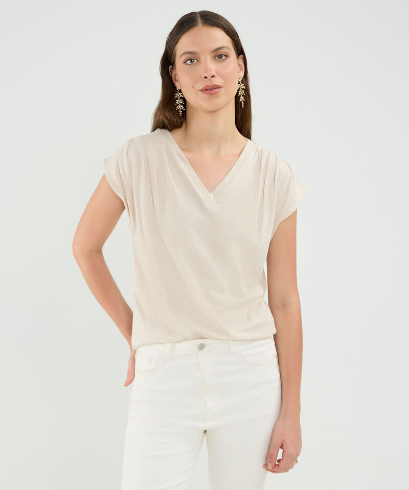 Camiseta Manga Corta, Cuello V Con Encaje En Hombro Para Mujer