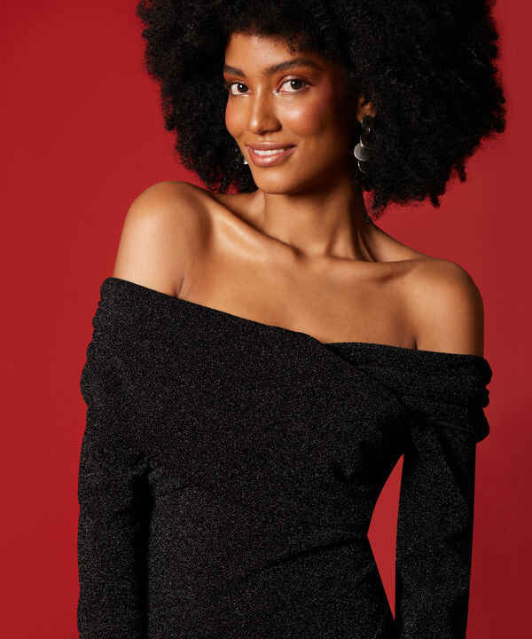 Vestido Unicolor Con Escote Bardot Cruzado Mujer