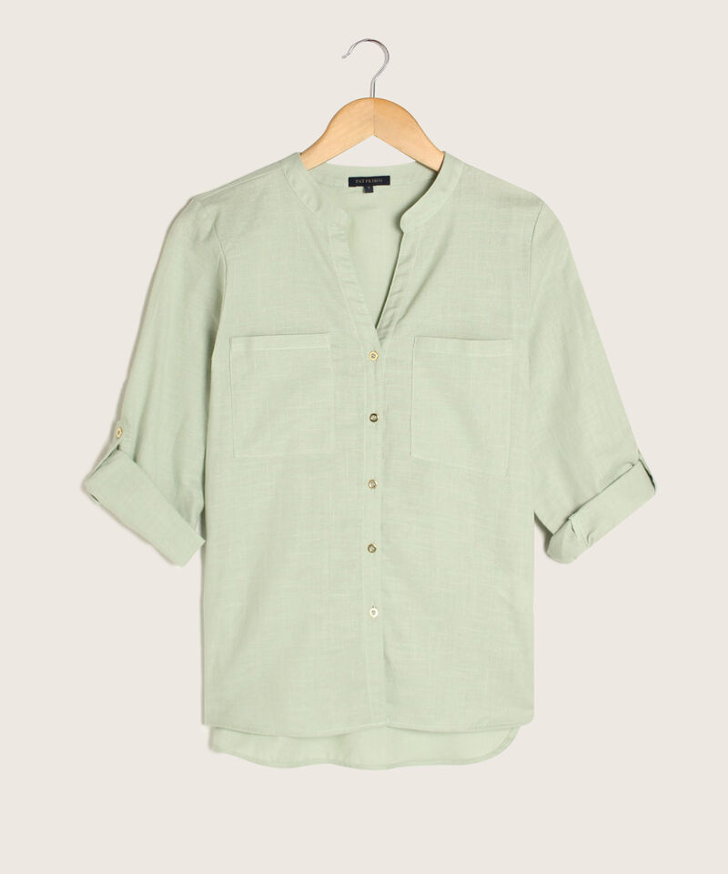 Blusa Lino Manga Larga Con Bolsillo