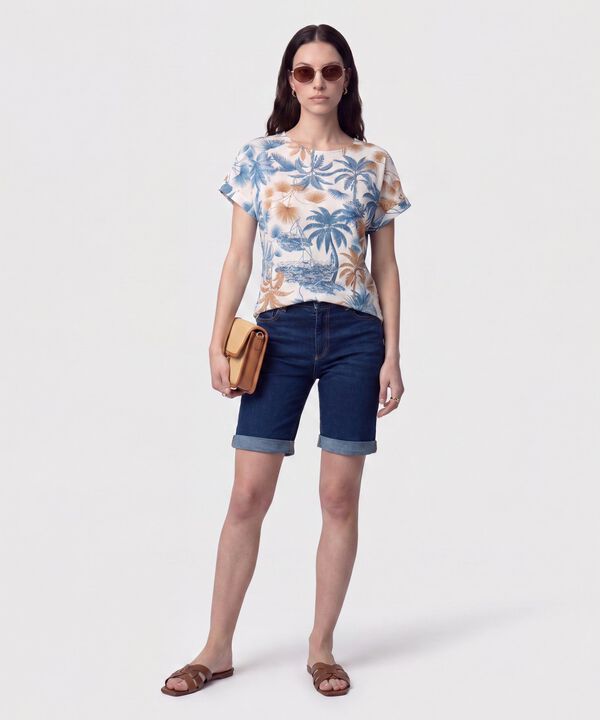 Blusa Manga Doblez Cuello Redondo Mujer
