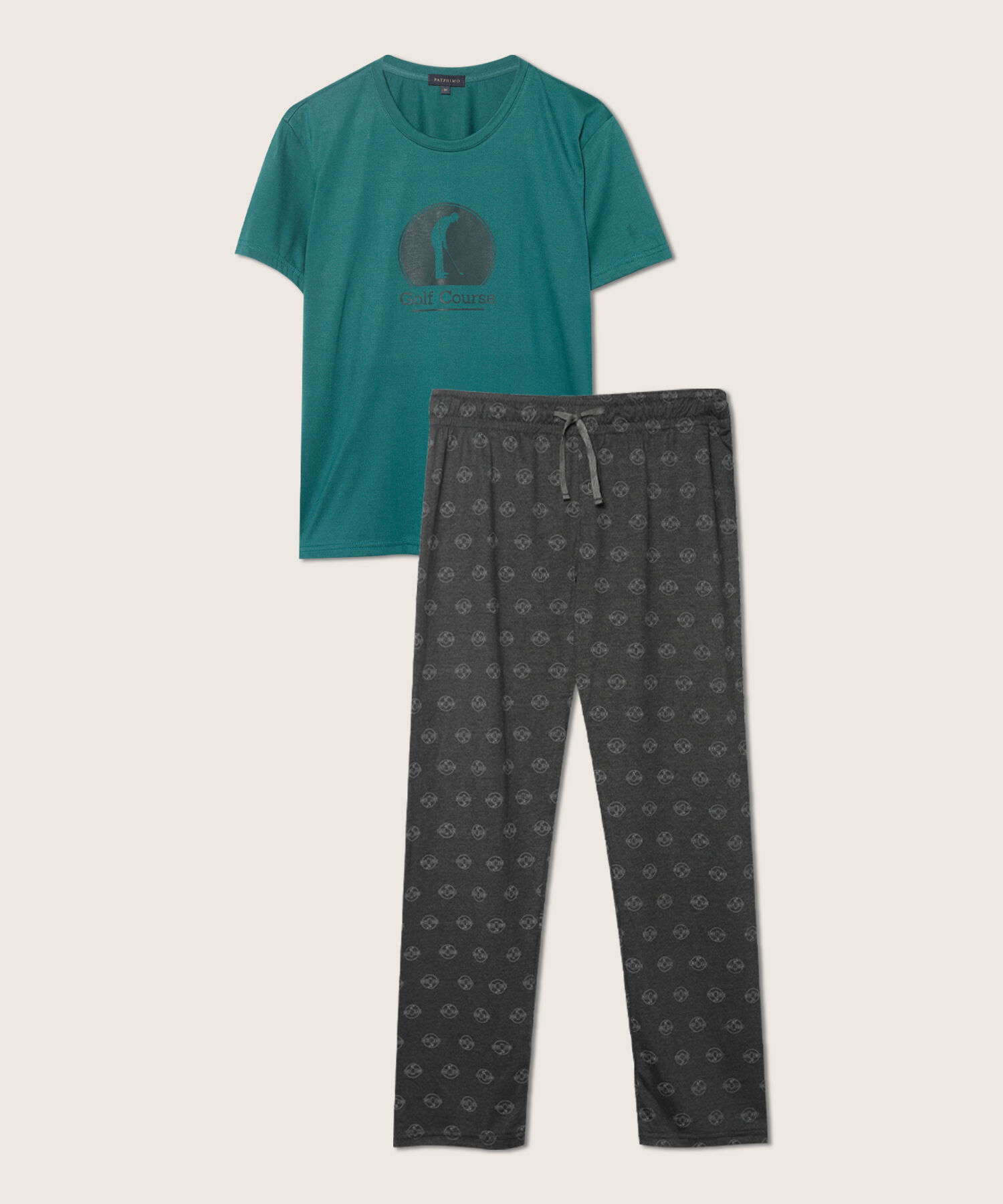 Pijama Set De Camiseta Manga Larga Unicolor Con Screen Y Pantalon Estampado