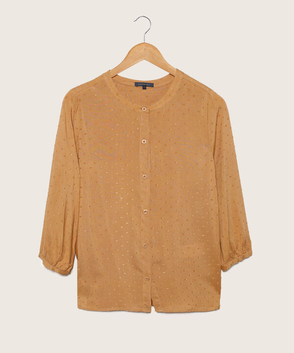 Blusa Unicolor Textura Manga 3/4, Cuello Nerú Con Botonadura Y Silueta Fluida