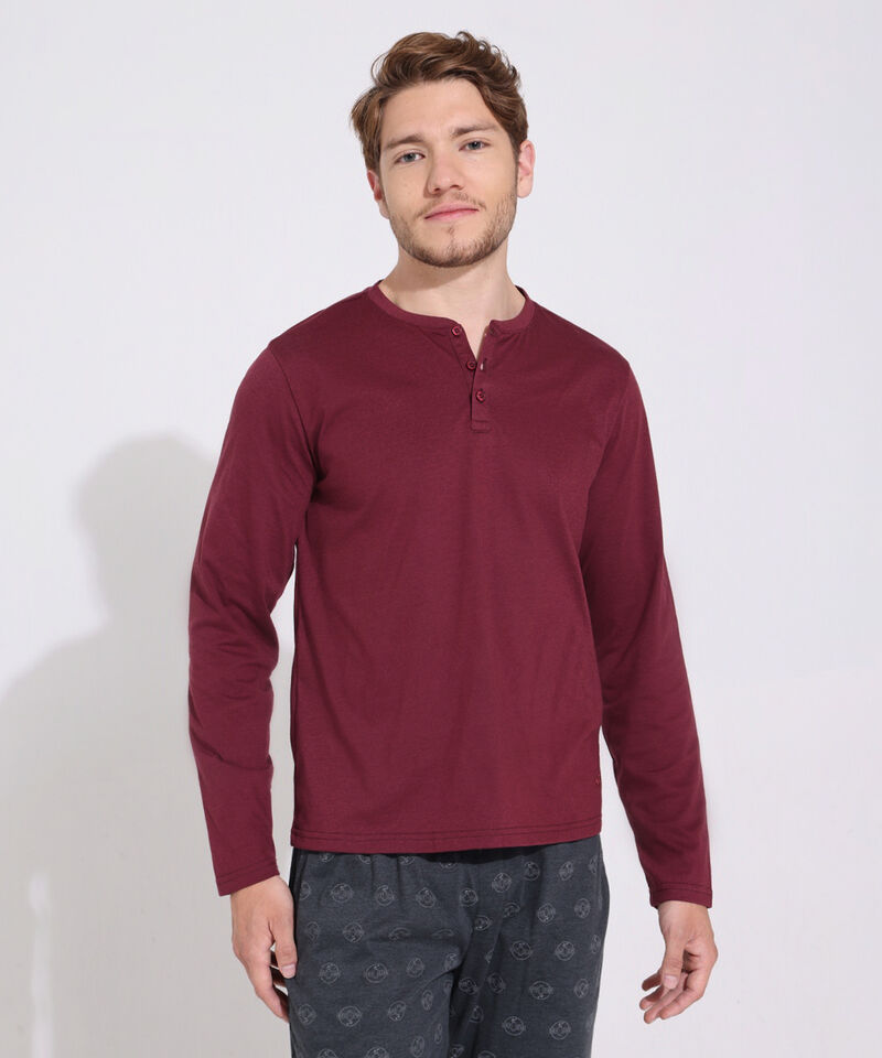 Pijama Camiseta Manga Larga Cuello Henley Unicolor Con Pantalón Estampado