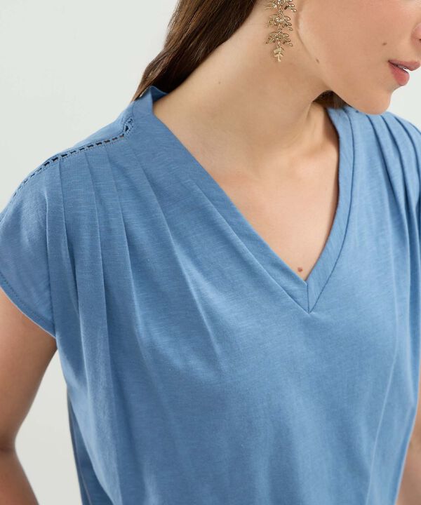 Camiseta Manga Corta, Cuello V Con Encaje En Hombro Para Mujer image number null