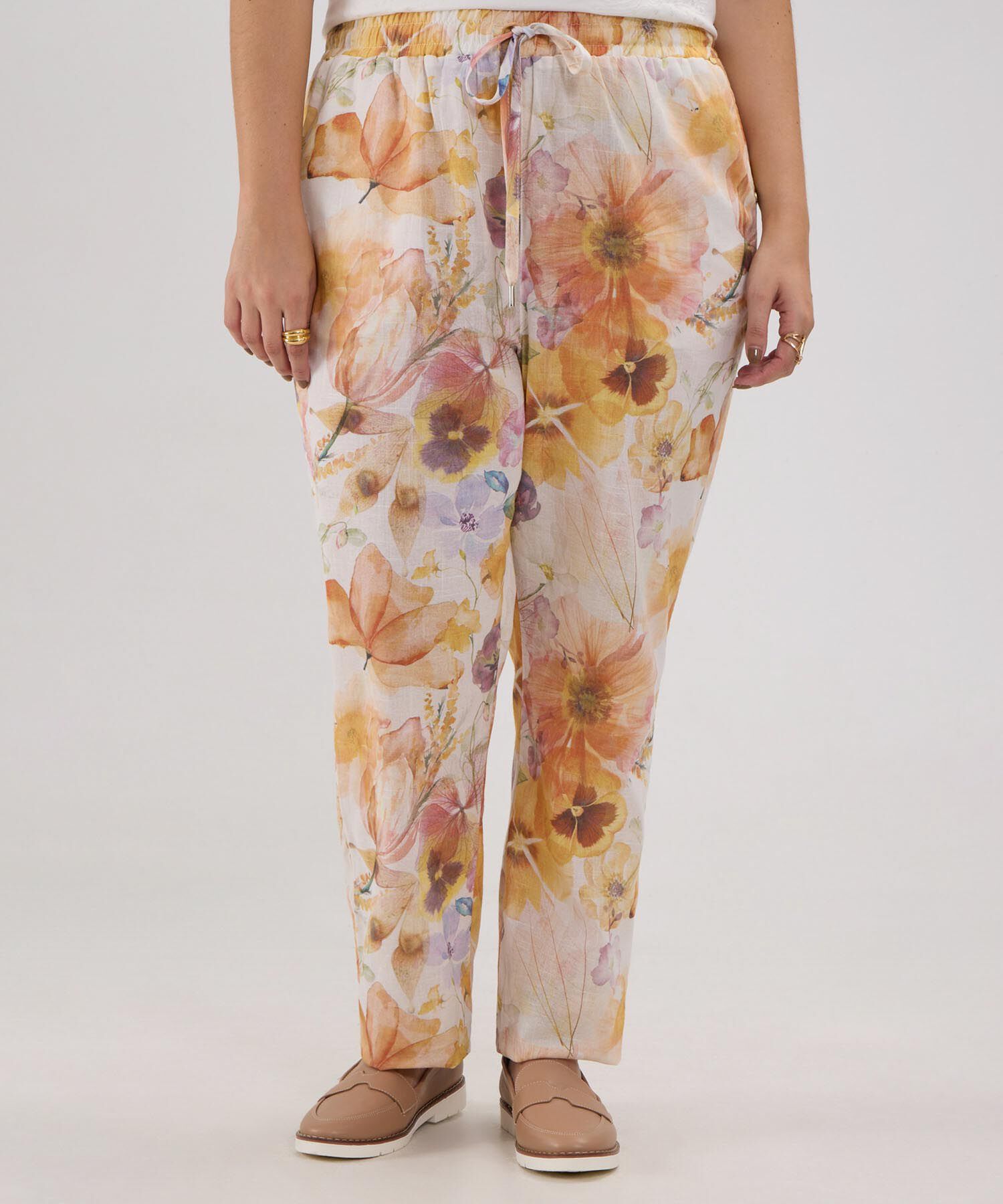 Pantalón Estampado En Lino Con Vena