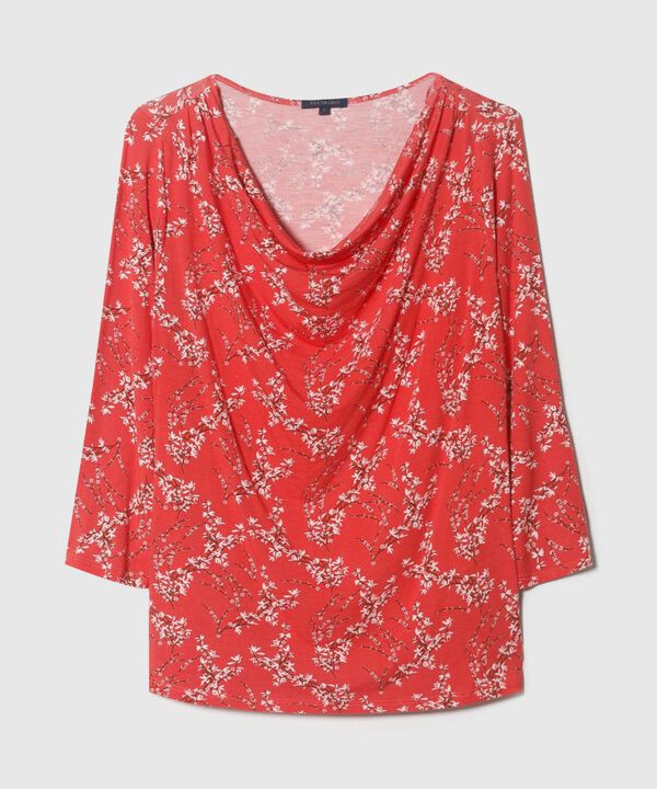 Camiseta Estampada, Manga 3/4 Con Escote Drapeado, Lineas