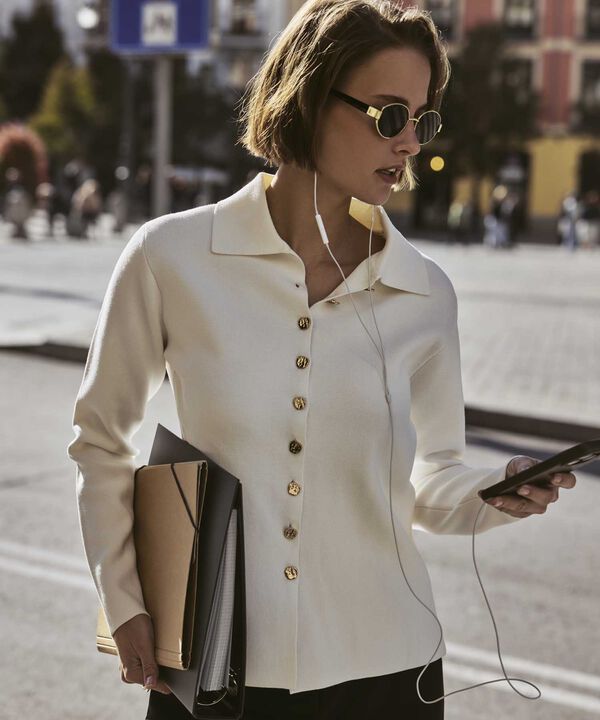 C&aacute;rdigan De Punto Con Cuello Camisero Mujer image number null