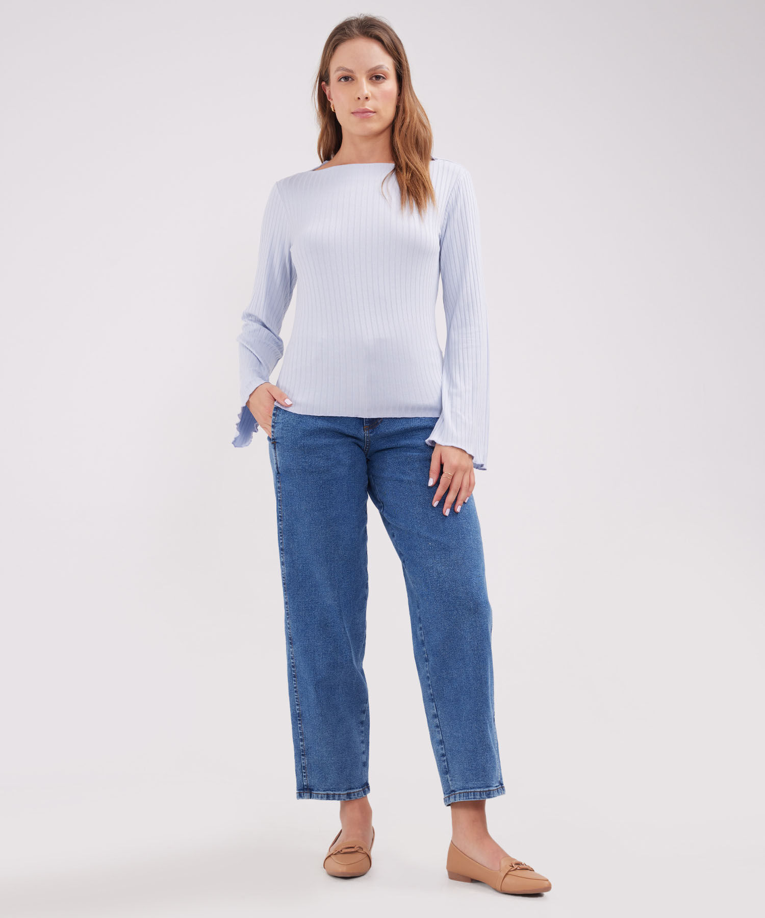 Camiseta Unicolor Textura, Manga Larga Acampanada