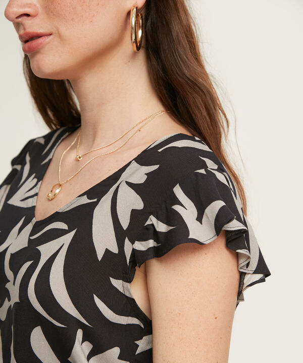 Blusa Estampada, Manga Sisa Con Bolero, Escote En V Y Escote Anudado En Espalda, Trópico Floral