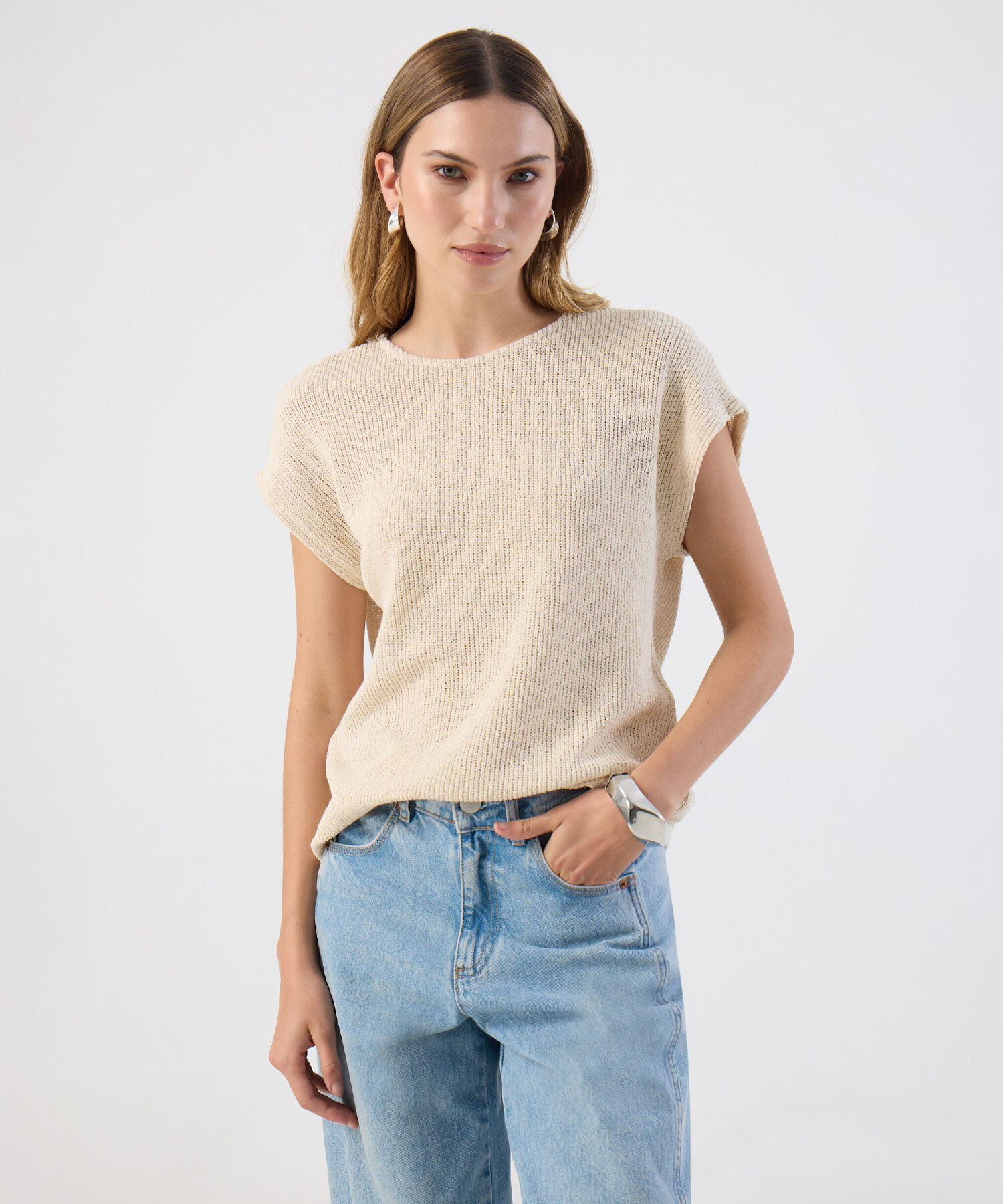 Camiseta De Punto Manga Corta Para Mujer