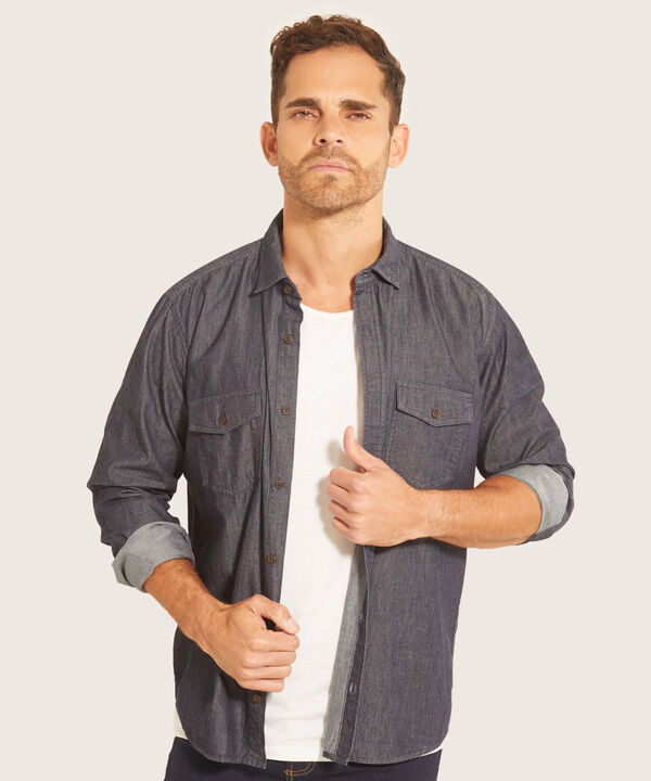 Camisa Manga Larga Azul Oscuro Con Bolsillos De Parche