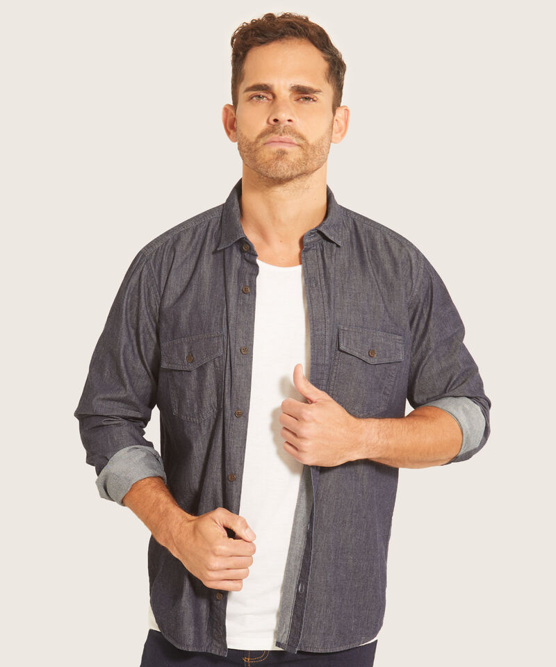 Camisa Manga Larga Azul Oscuro Con Bolsillos De Parche