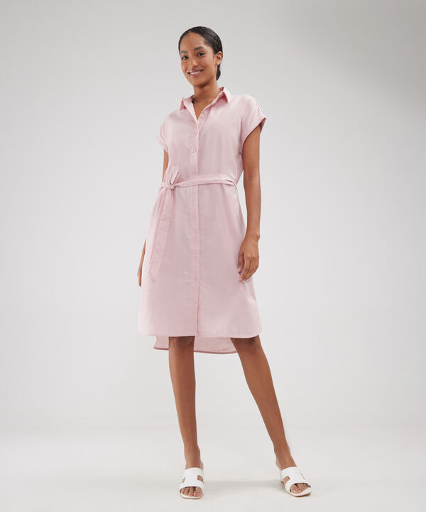 Vestido Camisero En Lino Unicolor Con Cinturon image number null