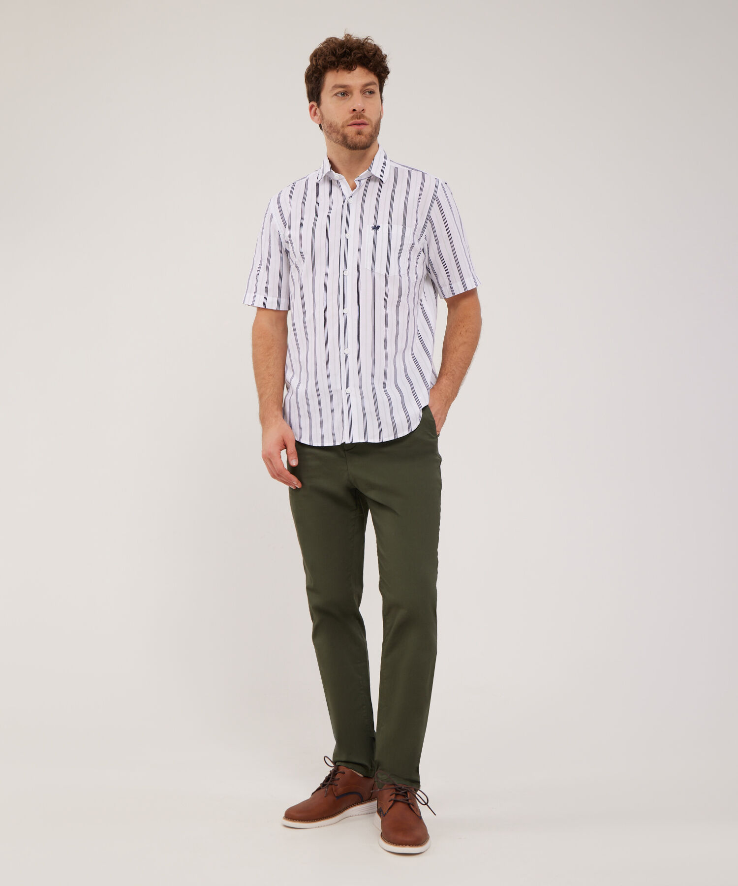 Camisa Manga Corta Estampada Con Bolsillo Blanco