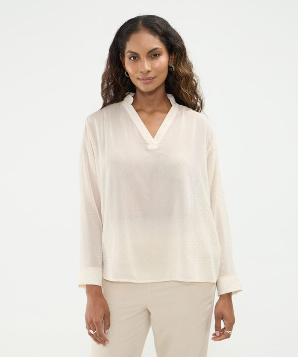 Blusa Con Pedrería Cuello V Para Mujer image number null