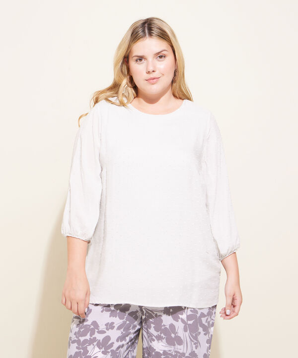 Blusa Manga 3/4 Con cuello Redondo, Botón En Espalda Y Mangas Tipo Globo Con Textura