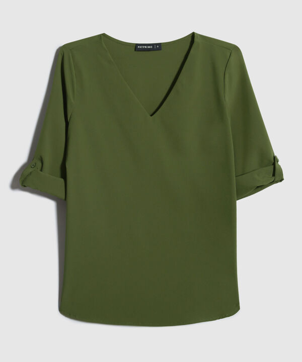 Blusa Manga Tres Cuartos Unicolor Escote En V