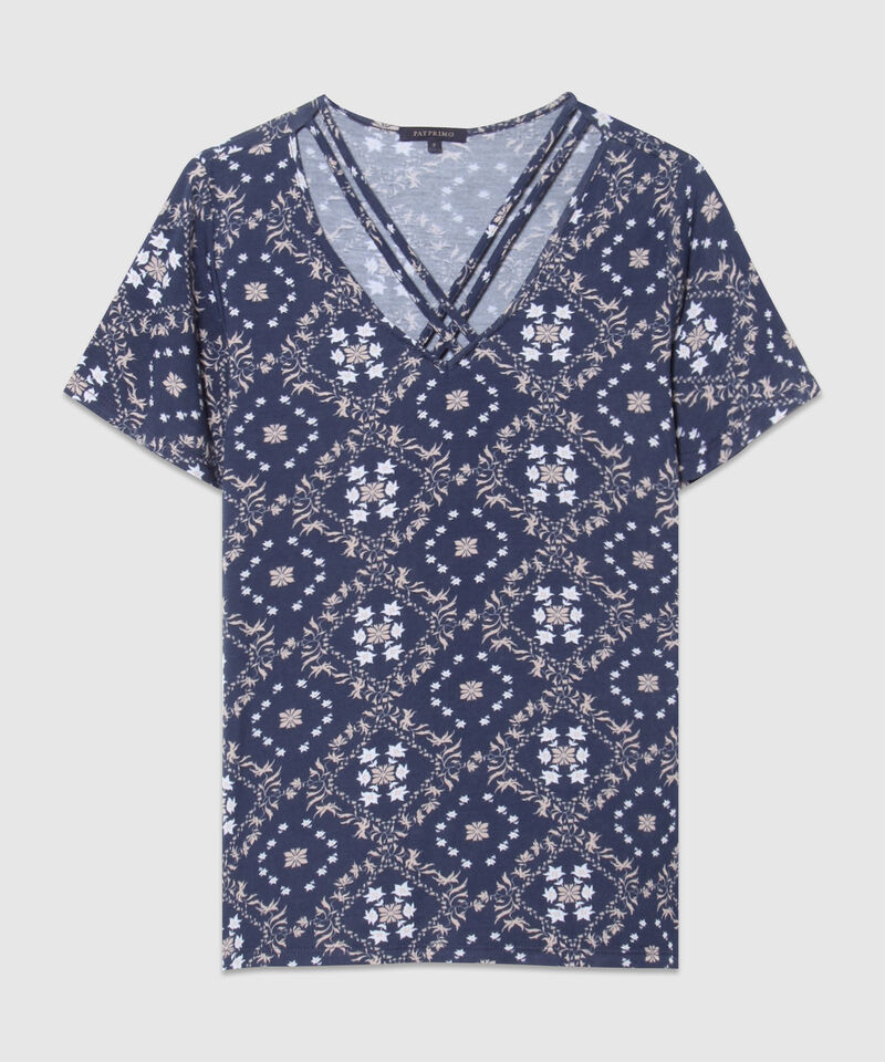 Camiseta Estampada, Manga Corta Con Vuelo, Escote V Con Tiras Cruzadas, Tel Aviv Linea Moda