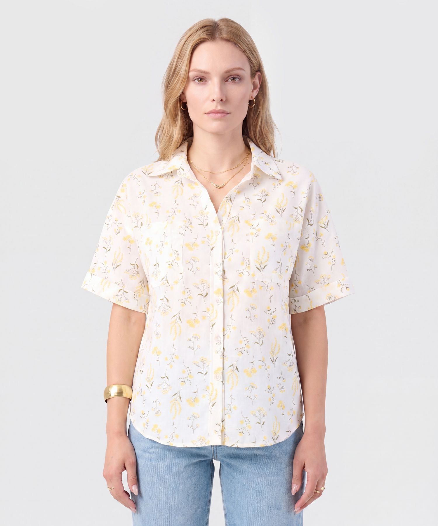 Camisa Manga Corta Con Doblez Para Mujer