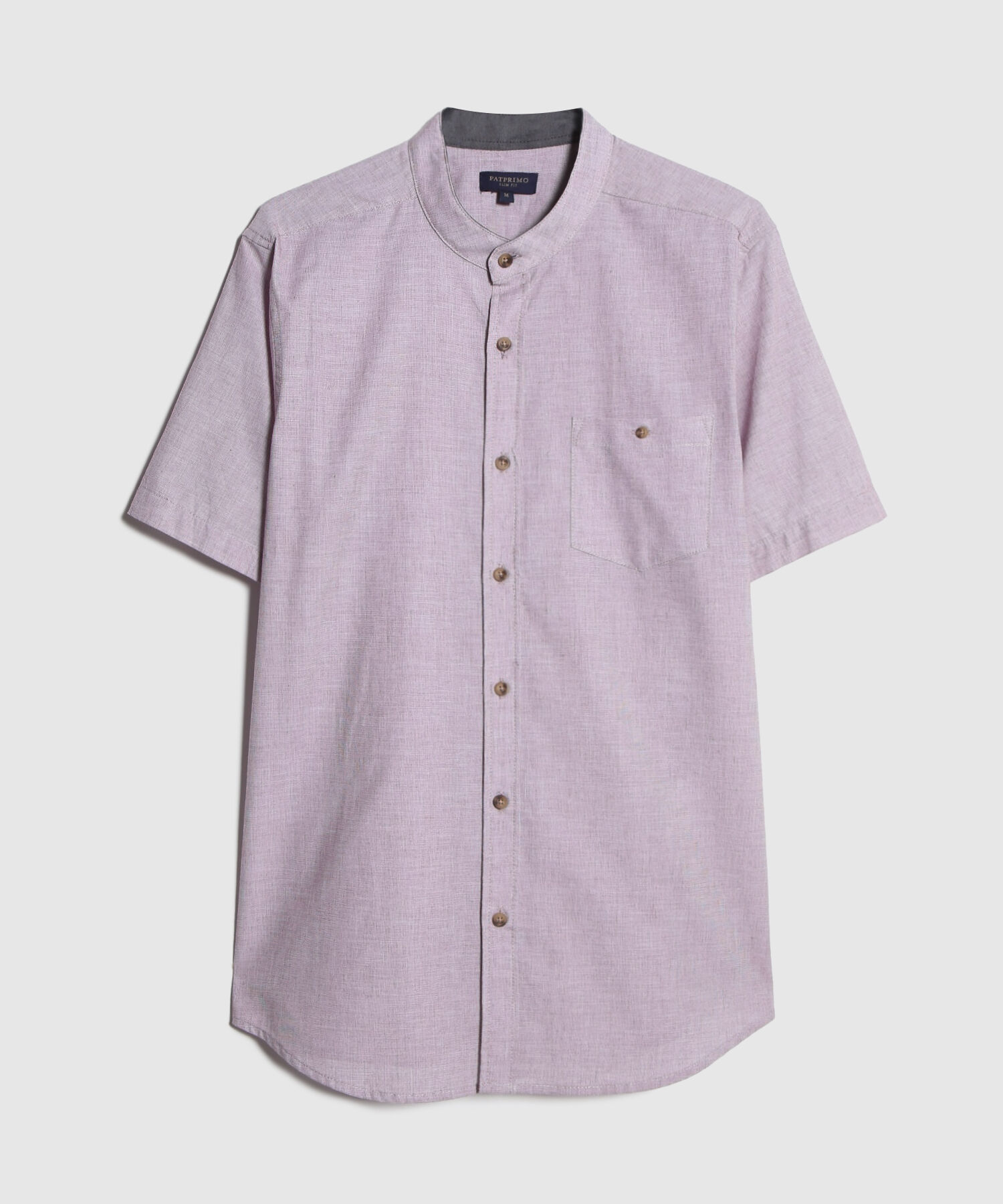Camisa Preteñida Cuello Neru, Manga Corta Con Bolsillo Y Silueta Slim Fit