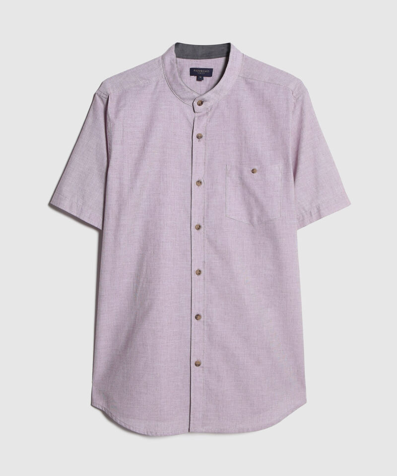 Camisa Preteñida Cuello Neru, Manga Corta Con Bolsillo Y Silueta Slim Fit