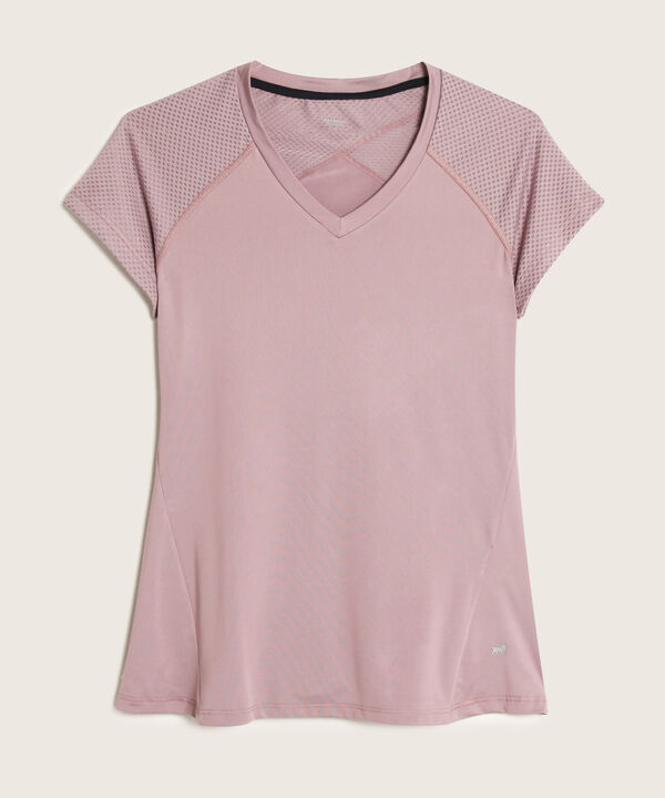 Camiseta Para Mujer, Cuello En V, Manga Corta, Con Detalles Tipo Malla
