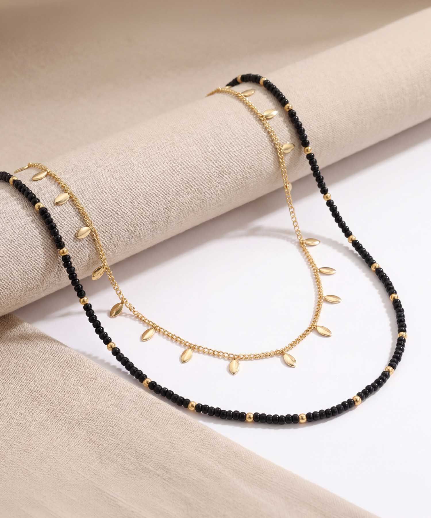 Collar Doble De Cuentas Y Dijes De Hoja Mujer