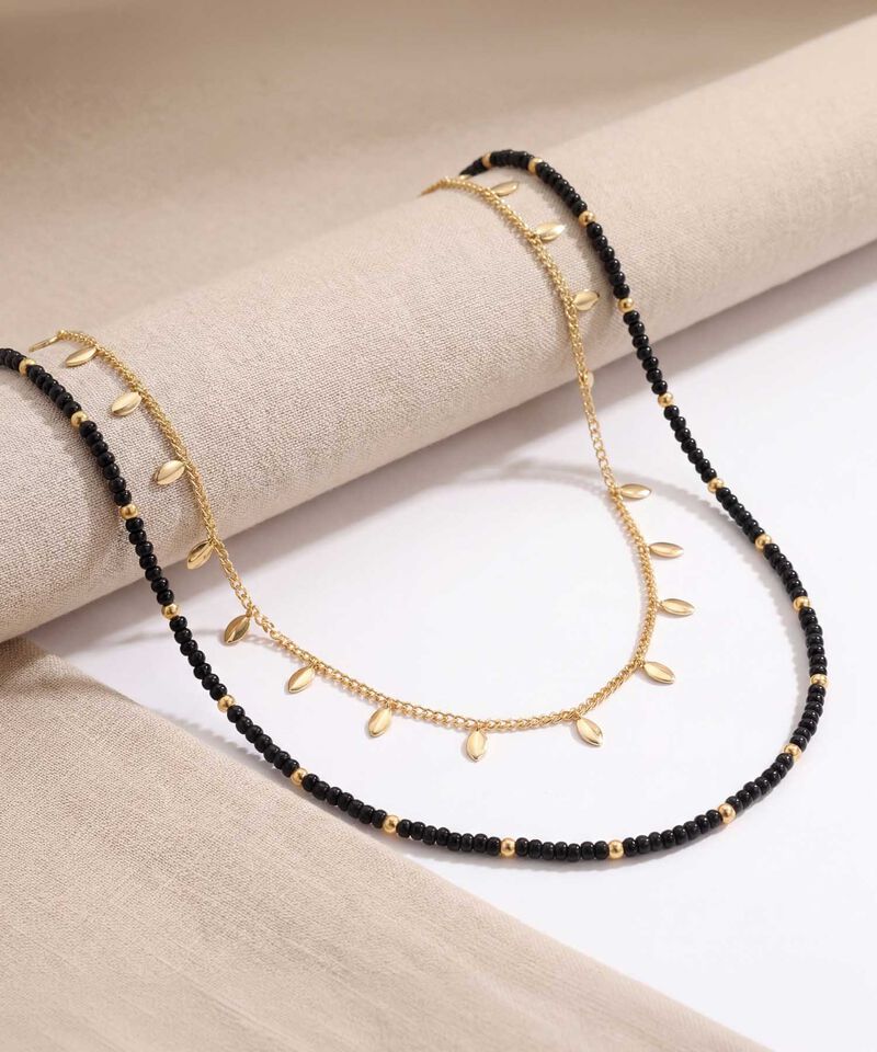 Collar Doble De Cuentas Y Dijes De Hoja Mujer