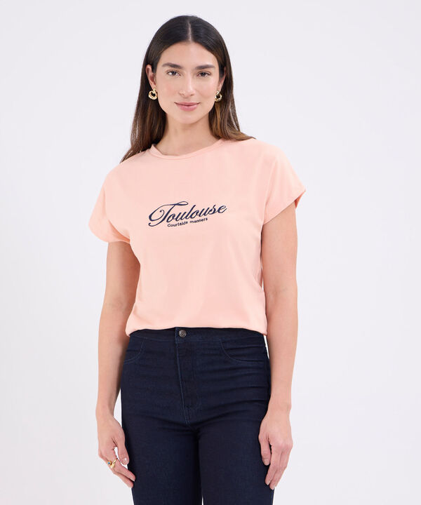 Camiseta cuello redondo con bordado para mujer image number null