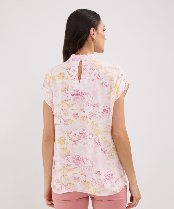 Blusa Estampada, Manga Corta, Cuello Alto, Silueta Fluida
