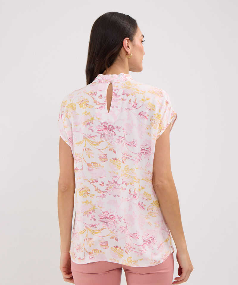 Blusa Estampada, Manga Corta, Cuello Alto, Silueta Fluida