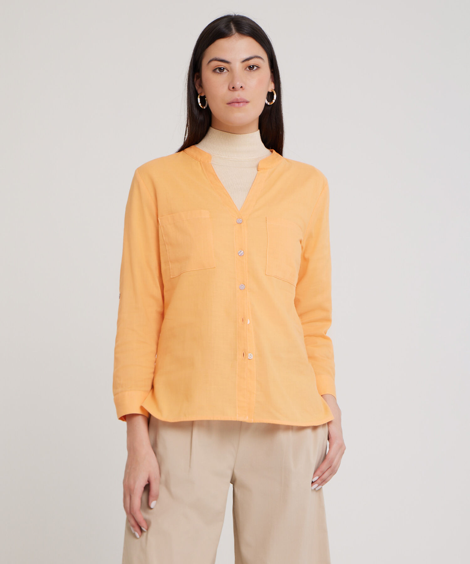 Blusa  Manga Larga Con Bolsillo Unicolor