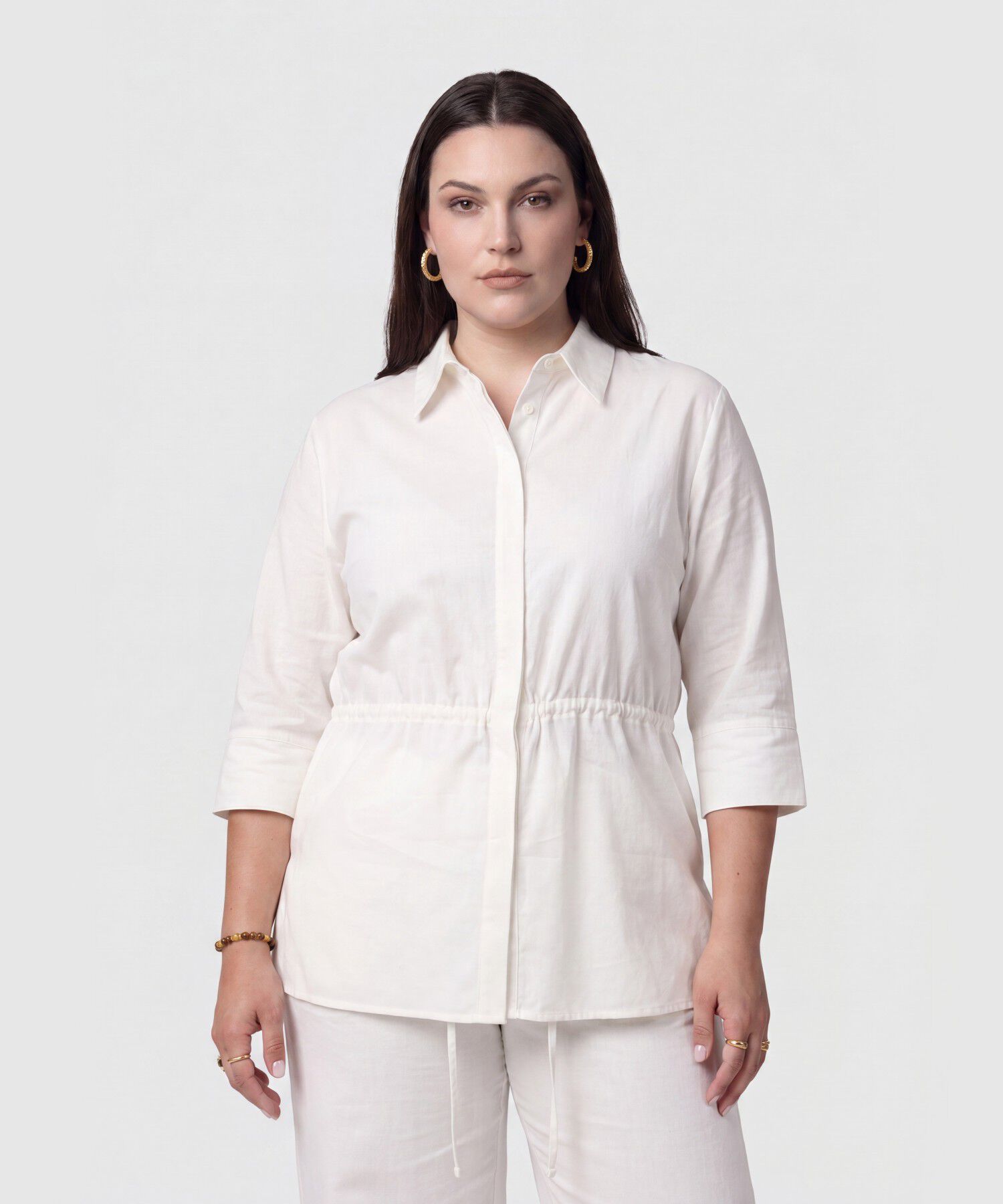 Camisa Unicolor Con Ajuste Cintura Para Mujer Curvy