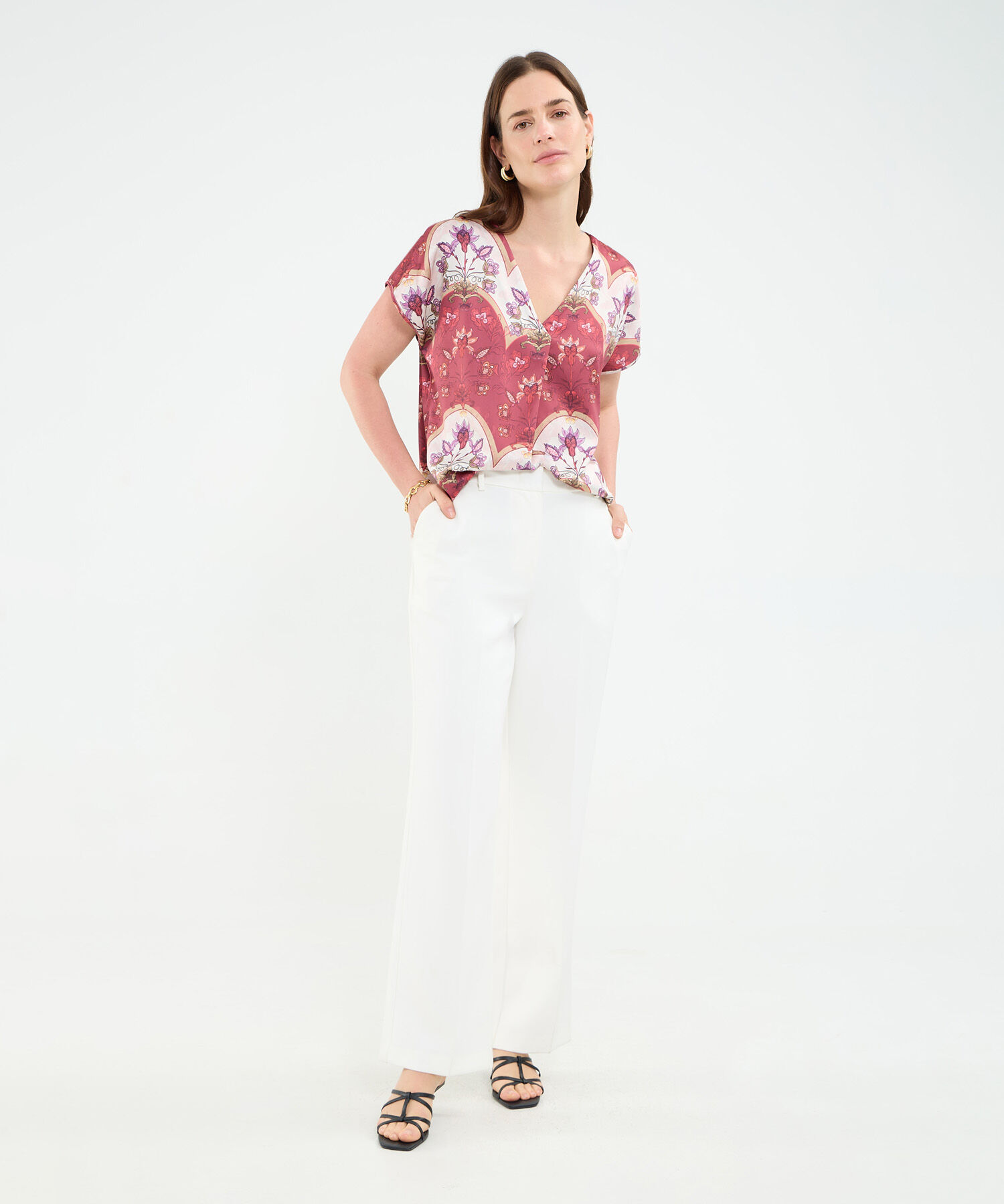 Blusa manga corta con escote en v y prense para mujer